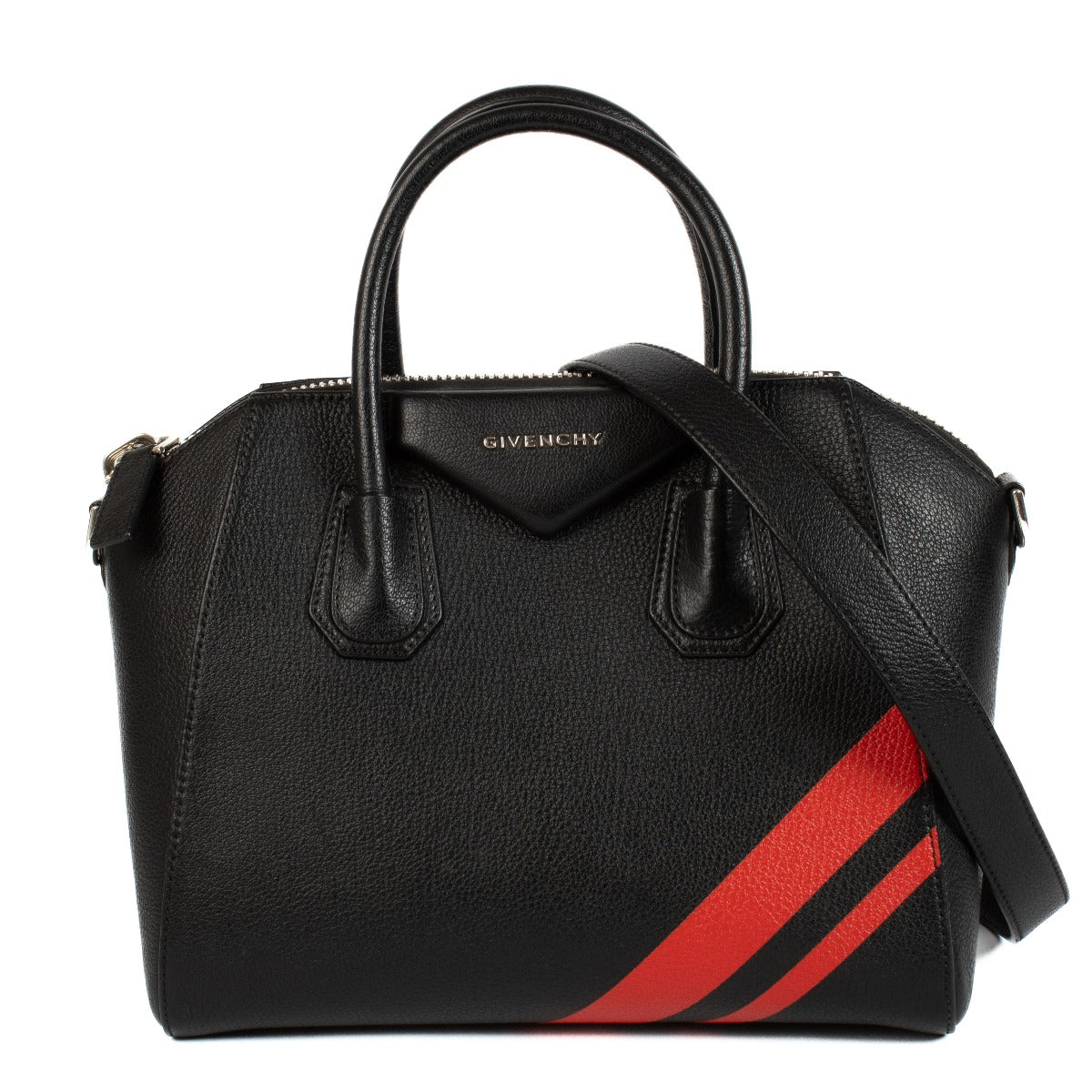 Shop safe online at Labellov in Antwerp, Brussels and Knokke this 100% authentic second hand Givenchy Black Leather Small Striped Antigona Bag