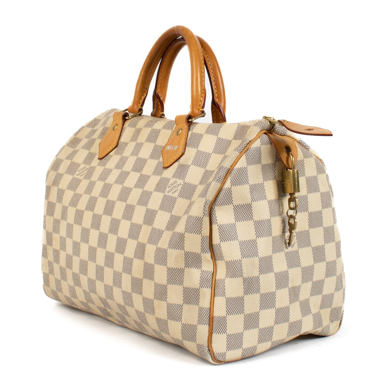 Shop safe online at Labellov in Antwerp, Brussels and Knokke this 100% authentic second hand Louis Vuitton Beige Damier Azur Speedy 30 Top Handle Bag