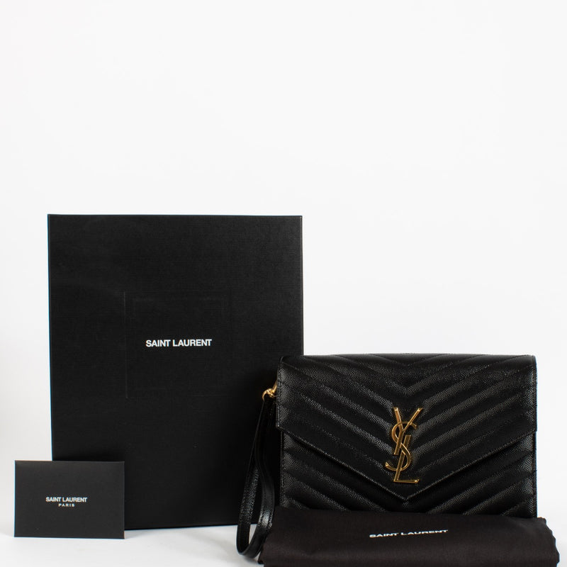 Are you looking for an authentic Saint Laurent Black Matelasse Cassandre Flap Pouch? We buy and sell your preloved designer bags.