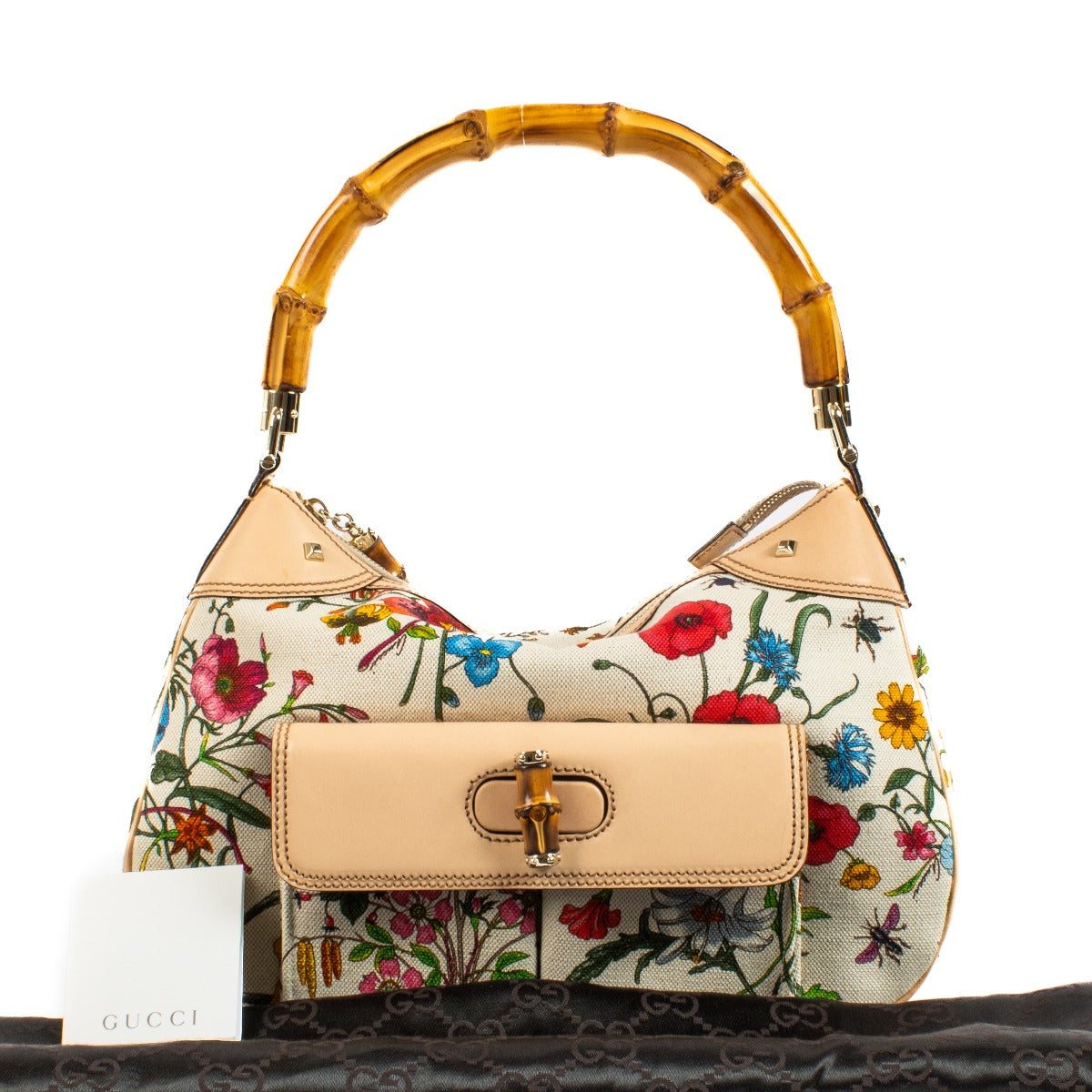 Gucci White Flora Canvas Bamboo Handle Bag