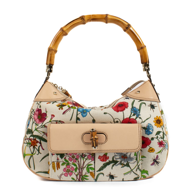 Gucci White Flora Canvas Bamboo Handle Bag