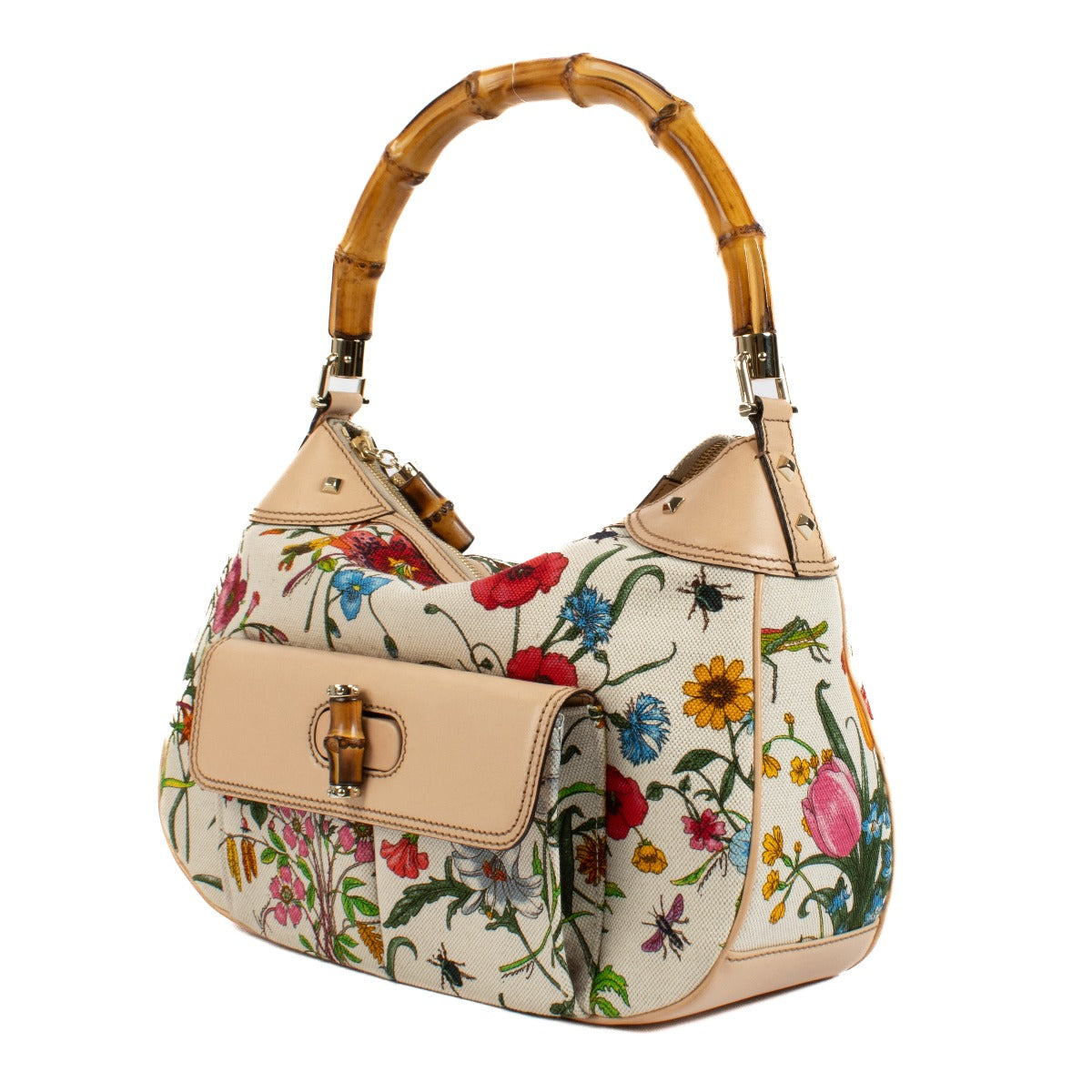 Gucci White Flora Canvas Bamboo Handle Bag