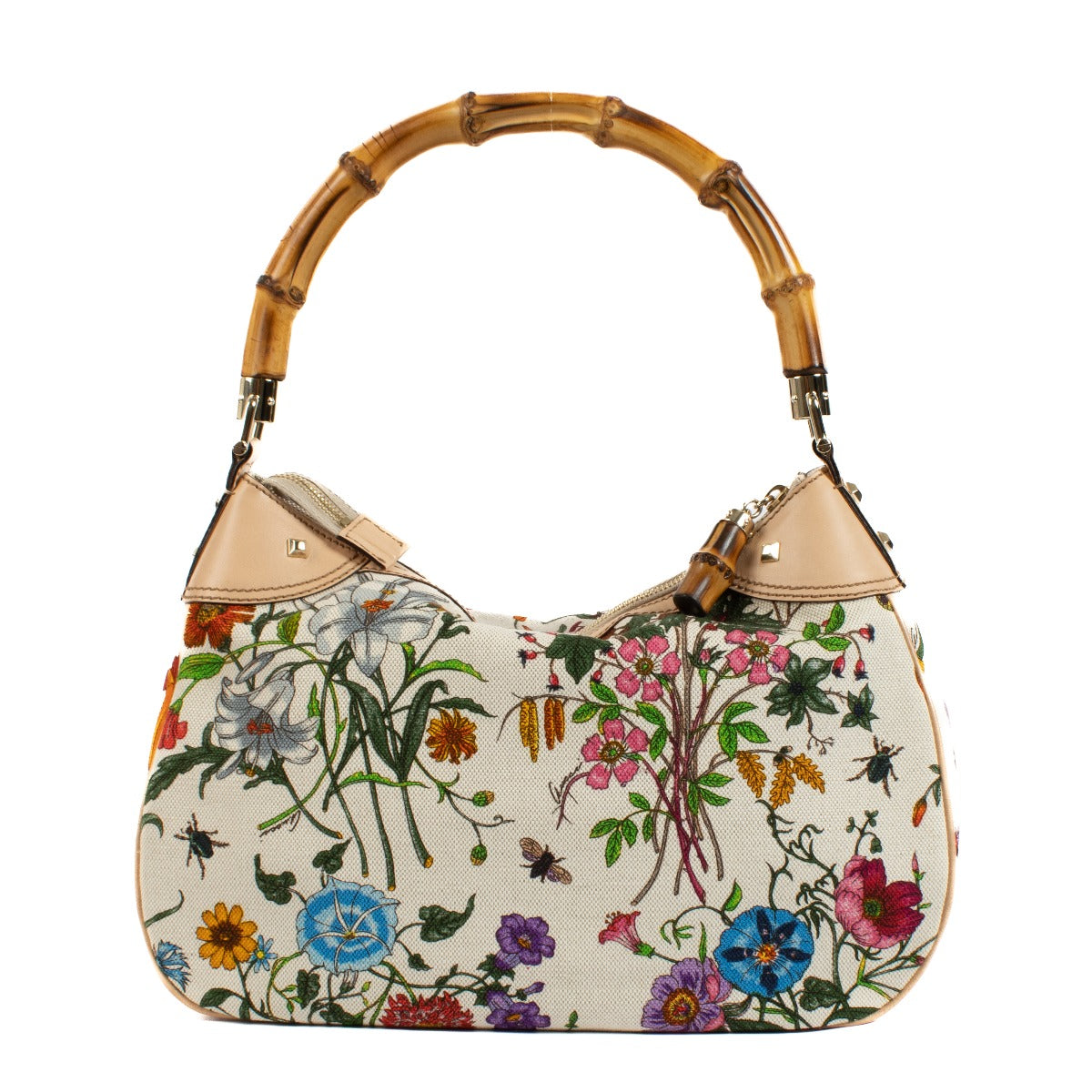Gucci White Flora Canvas Bamboo Handle Bag