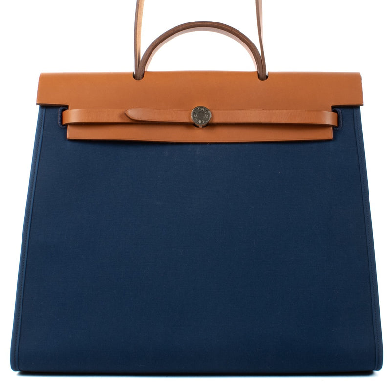 Hermès Herbag Zip 39 Bleu De Malte/Fauve Canvas/Hunter Leather
