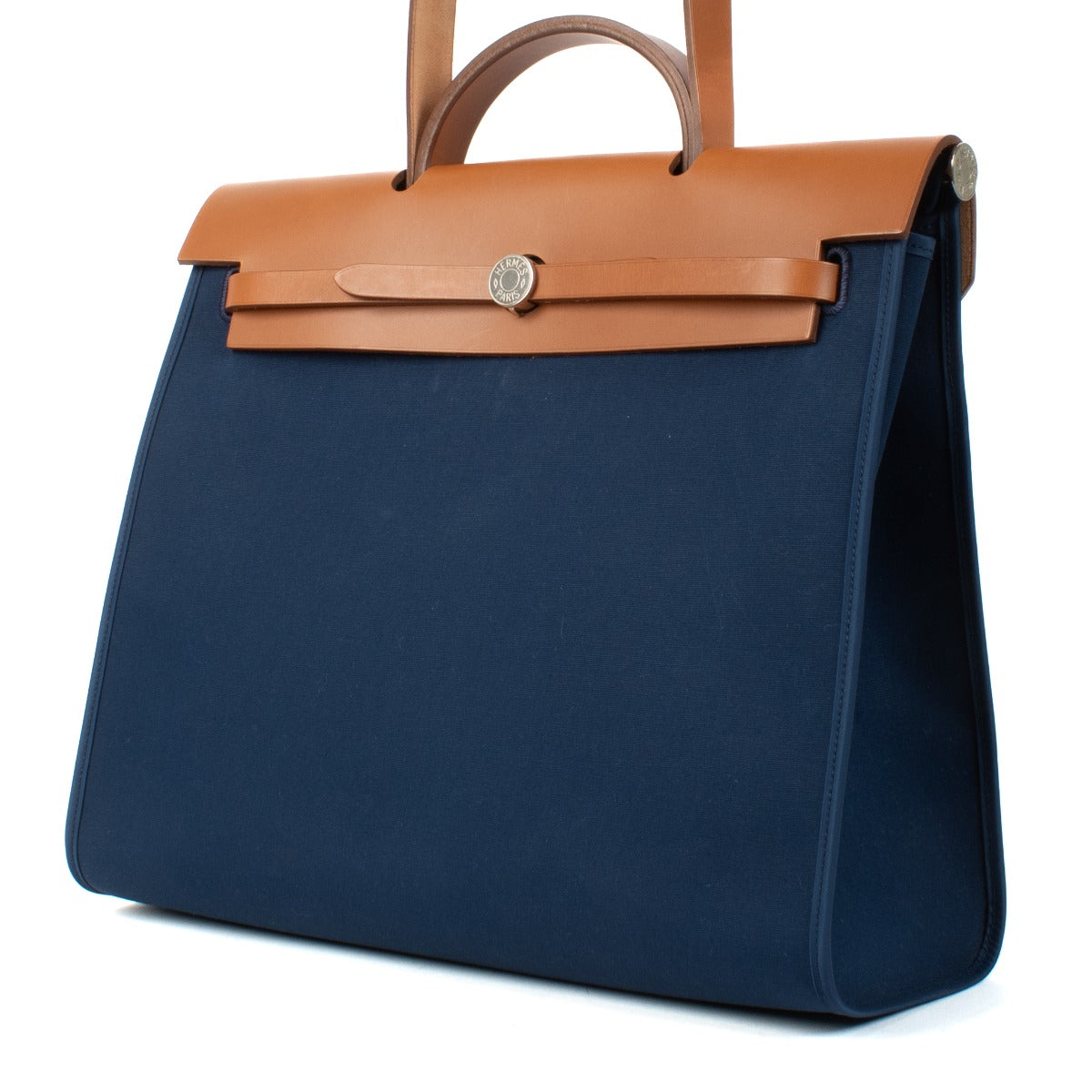 Shop authentic vintage second hand pre-owned Hermès Herbag Zip 39 Bleu De Malte/Fauve Canvas/Hunter Leather on www.labellov.com