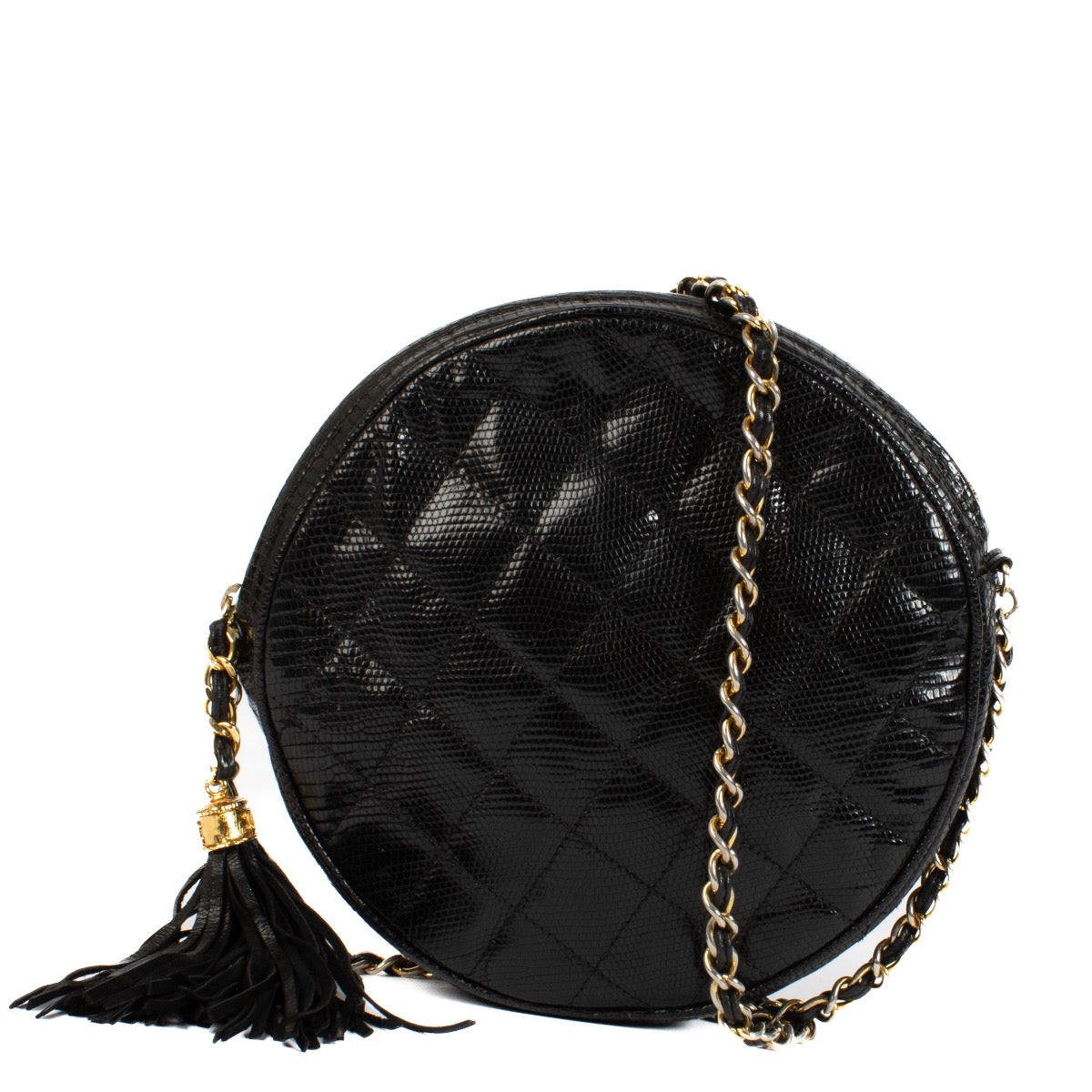 Shop 100% authentic Chanel Shiny Black Lizard Vintage Round Crossbody Bag at Labellov.com.