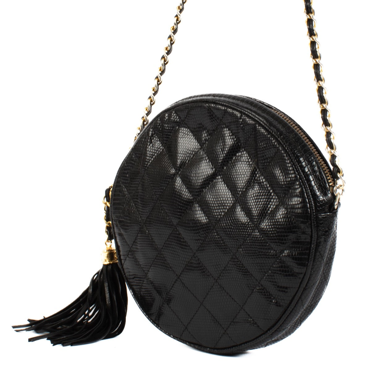 Shop 100% authentic Chanel Shiny Black Lizard Vintage Round Crossbody Bag at Labellov.com.