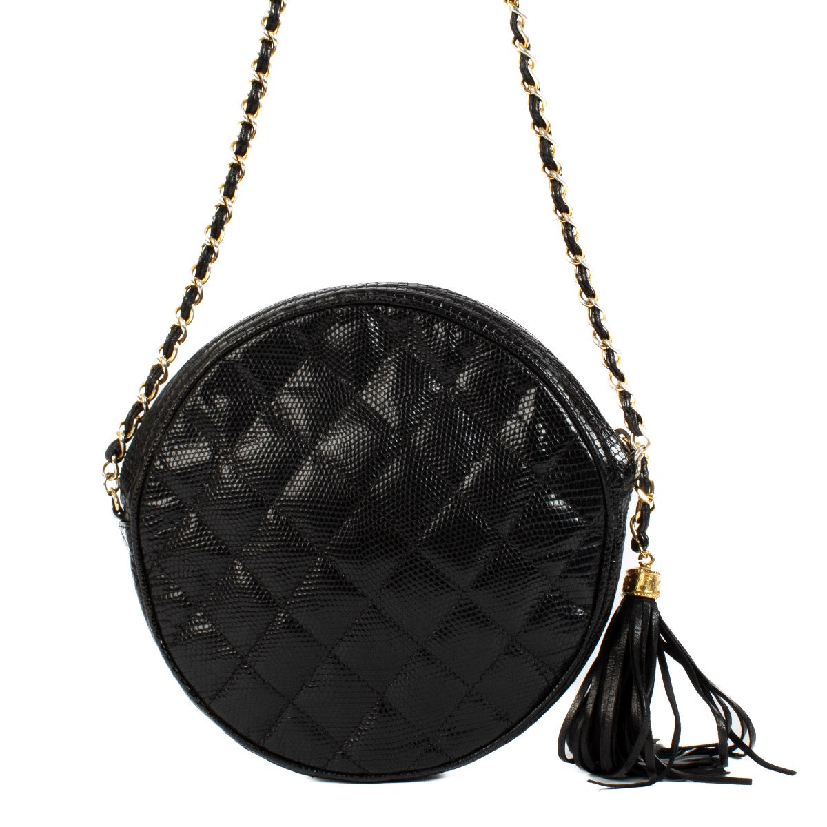 Shop 100% authentic Chanel Shiny Black Lizard Vintage Round Crossbody Bag at Labellov.com.