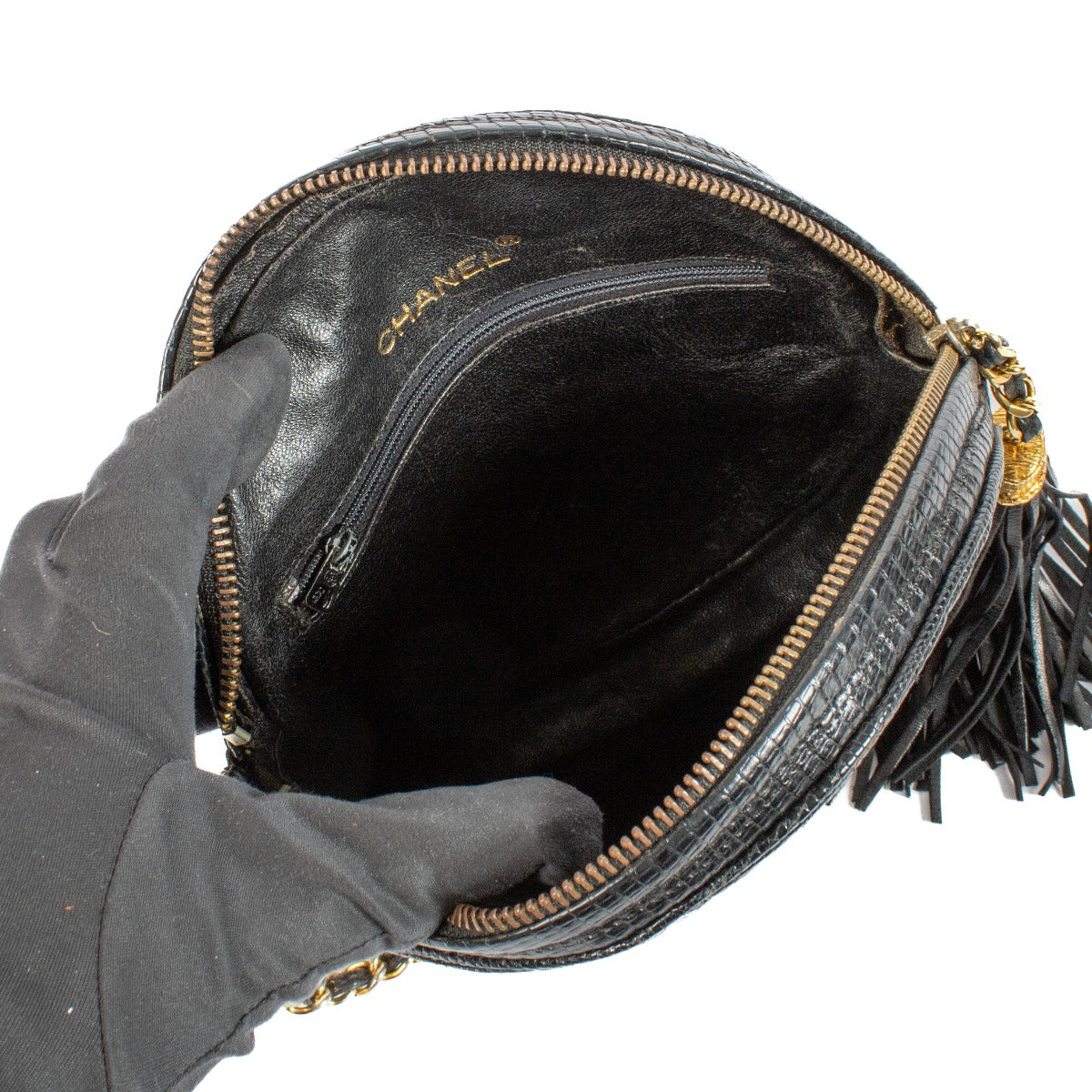 Sac Rond Vintage Chanel en Lézard Brillant Noir