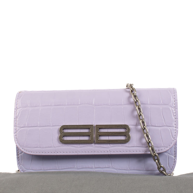 Balenciaga Lilac Crocodile Embossed Gossip Wallet On Chain