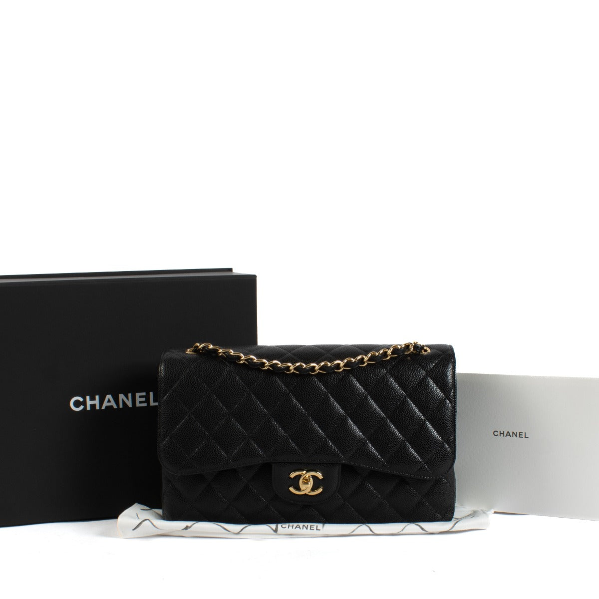 Shop safe online at Labellov in Antwerp and Knokke this 100% authentic second hand Chanel Black Caviar Large Classic Flap Bag