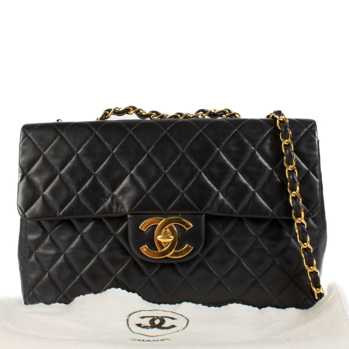 Chanel Vintage Black Lambskin Large CC Jumbo Maxi Classic Flap Bag