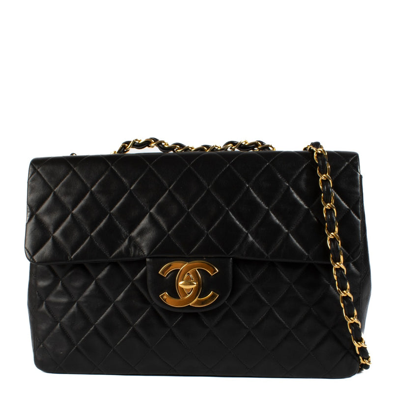 Chanel Vintage Black Lambskin Large CC Jumbo Maxi Classic Flap Bag