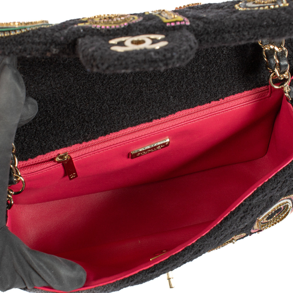 Chanel Zwarte Tweed Geborduurde Flap Tas