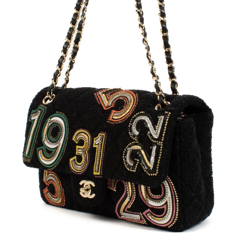 Chanel Black Tweed Embroidered Flap Bag