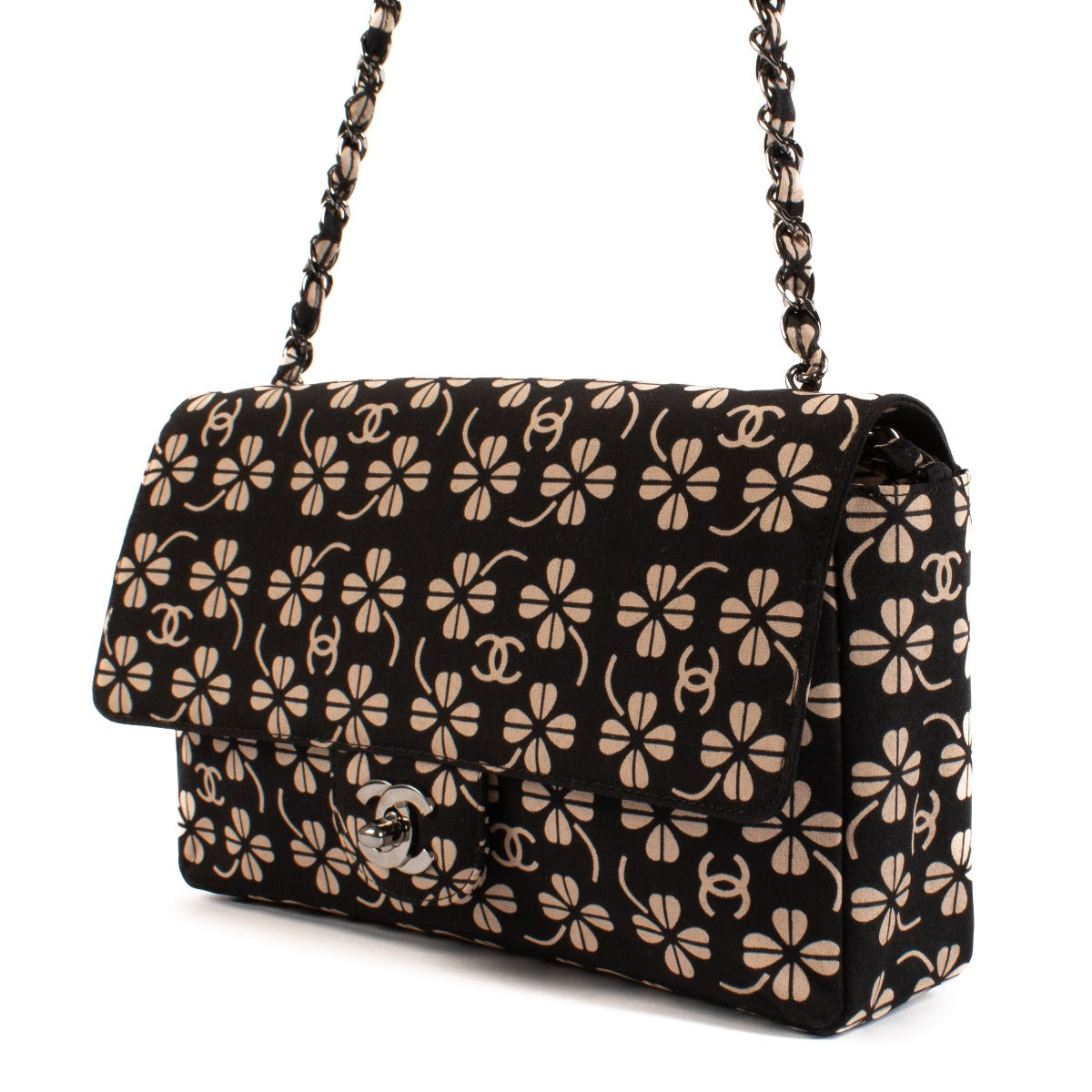 Sac à rabat classique Chanel Vintage CC en tissu avec trèfle, taille moyenne
