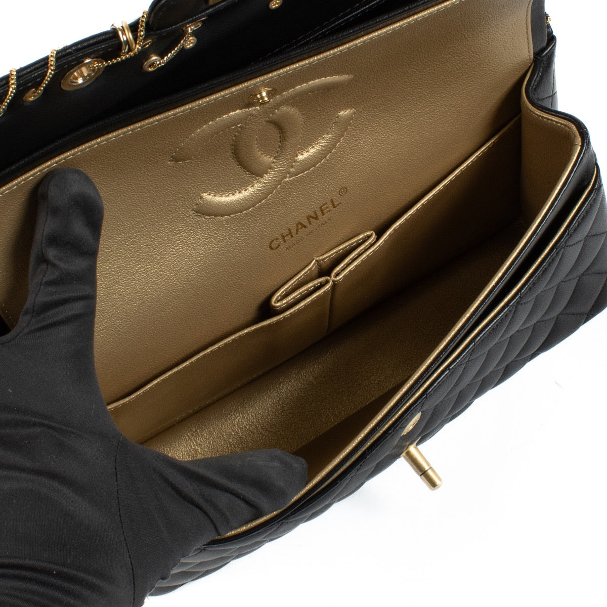 Shop safe online at Labellov in Antwerp, Brussels and Knokke this 100% authentic second hand Chanel Black Lambskin Piercing Classic Flap Bag
