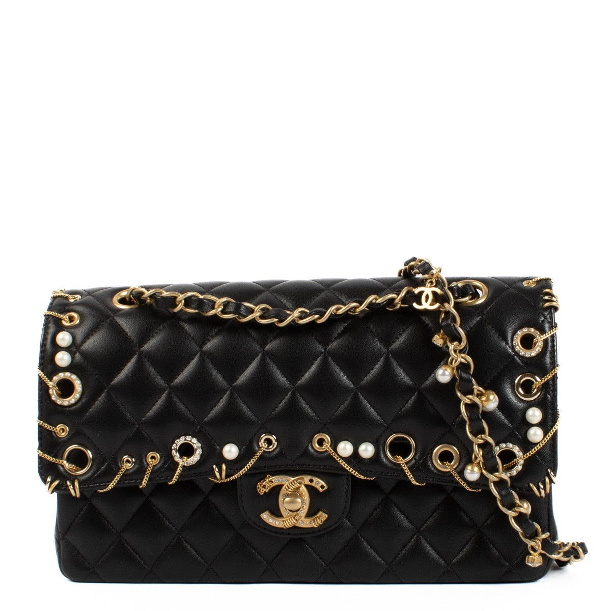 Shop safe online at Labellov in Antwerp, Brussels and Knokke this 100% authentic second hand Chanel Black Lambskin Piercing Classic Flap Bag