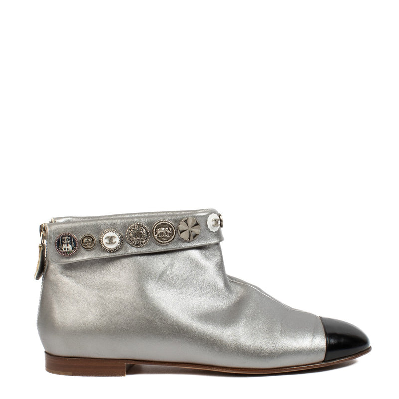 shop 100% authentic second hand Chanel Silver Cap Toe Lucky Charm Button Flat Boots - Size 38 on Labellov.com