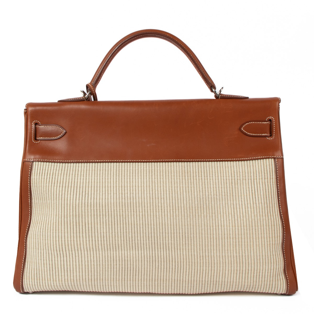 Authentic second hand vintage 2001 Hermès Kelly 40 Ecru/Fauve Crinoline/Barenia PHW on www.labellov.com