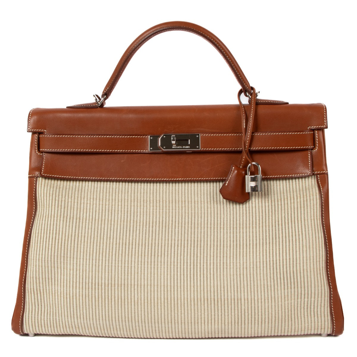 Authentic second hand vintage 2001 Hermès Kelly 40 Ecru/Fauve Crinoline/Barenia PHW on www.labellov.com