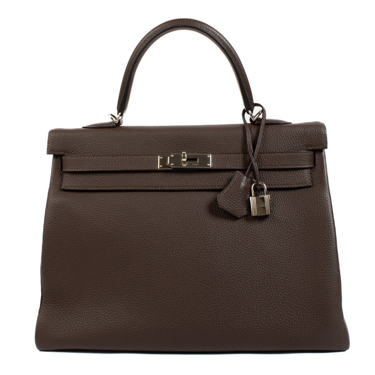 Luxurious Hermès Kelly 35 Chocolat Togo handbag, perfect for timeless elegance