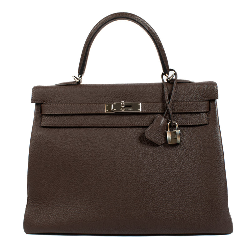 Luxurious Hermès Kelly 35 Chocolat Togo handbag, perfect for timeless elegance