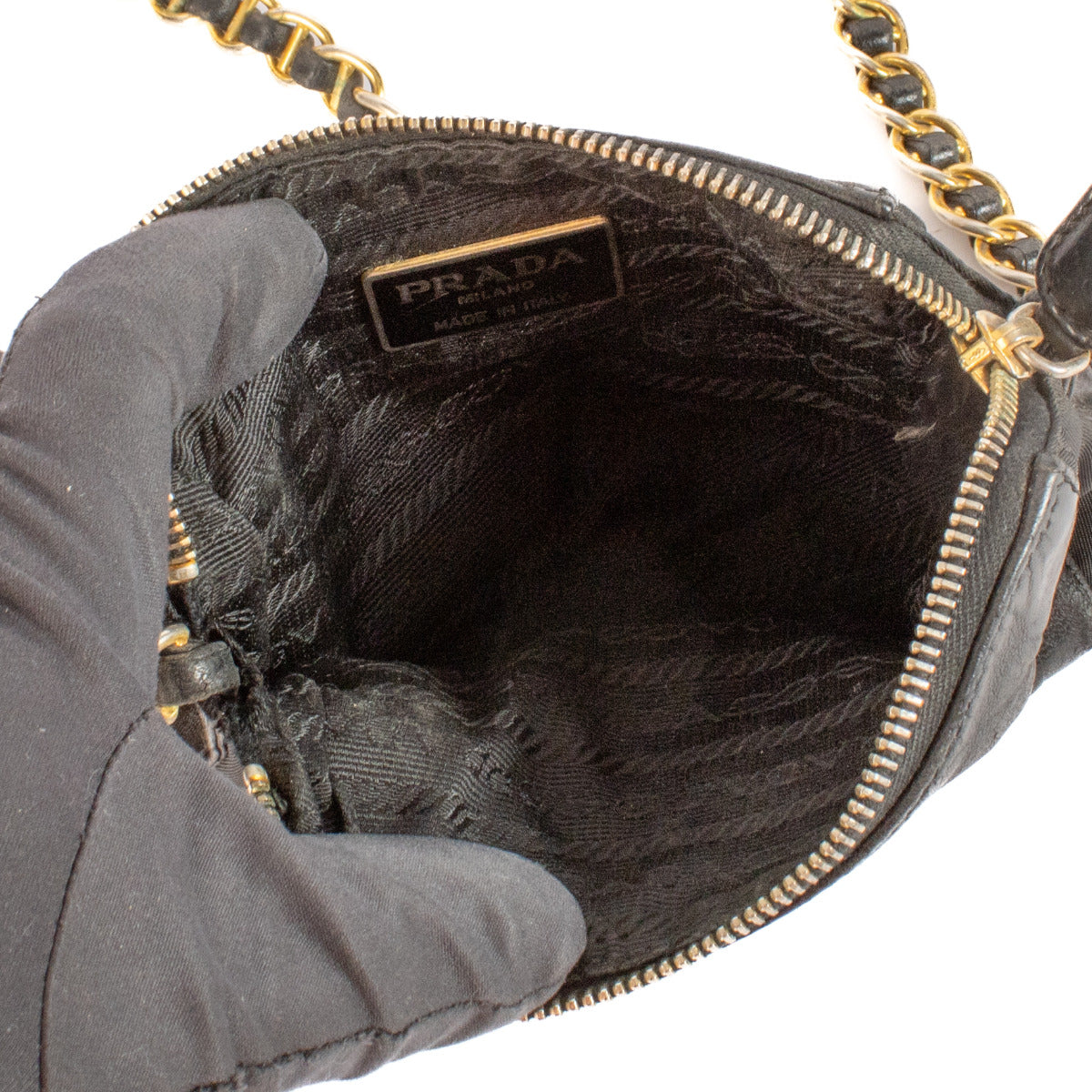 Prada Zwart Leren en Nylon Mini Kettingtas