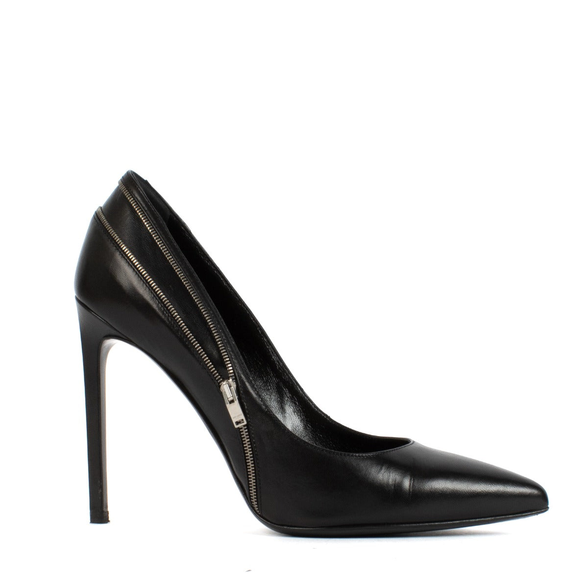 Shop safe online at Labellov in Antwerp, Brussels and Knokke this 100% authentic second hand Saint Laurent Black Leather Zipper Heels - Size 39,5