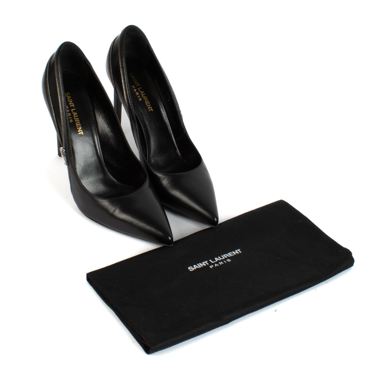 Shop safe online at Labellov in Antwerp, Brussels and Knokke this 100% authentic second hand Saint Laurent Black Leather Zipper Heels - Size 39,5