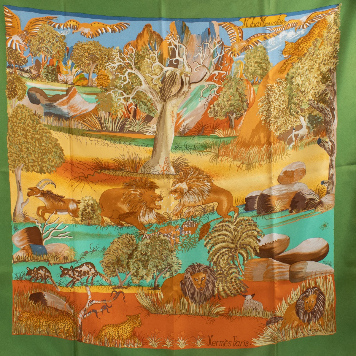 Shop safe online at Labellov in Antwerp, Brussel and Knokke this 100% authentic second hand Hermès Multicolor Nuba Mountain Silk Carré 90 Scarf