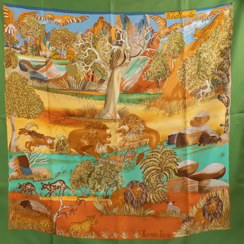 Shop safe online at Labellov in Antwerp, Brussel and Knokke this 100% authentic second hand Hermès Multicolor Nuba Mountain Silk Carré 90 Scarf