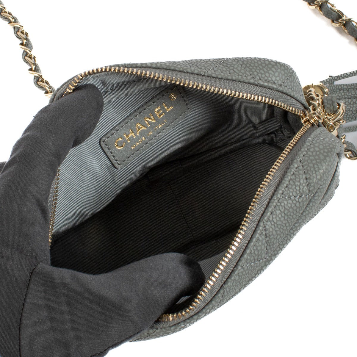 Shop safe online at Labellov in Antwerp, Brussels and Knokke this 100% authentic second hand Chanel Grey Leather Small Camera Crossbody Bag