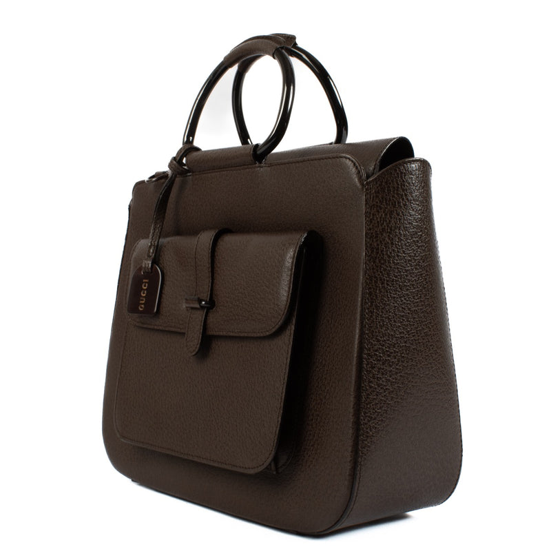 Shop 100% authentic Gucci Brown Leather Ring Handle Satchel Bag at Labellov.com.