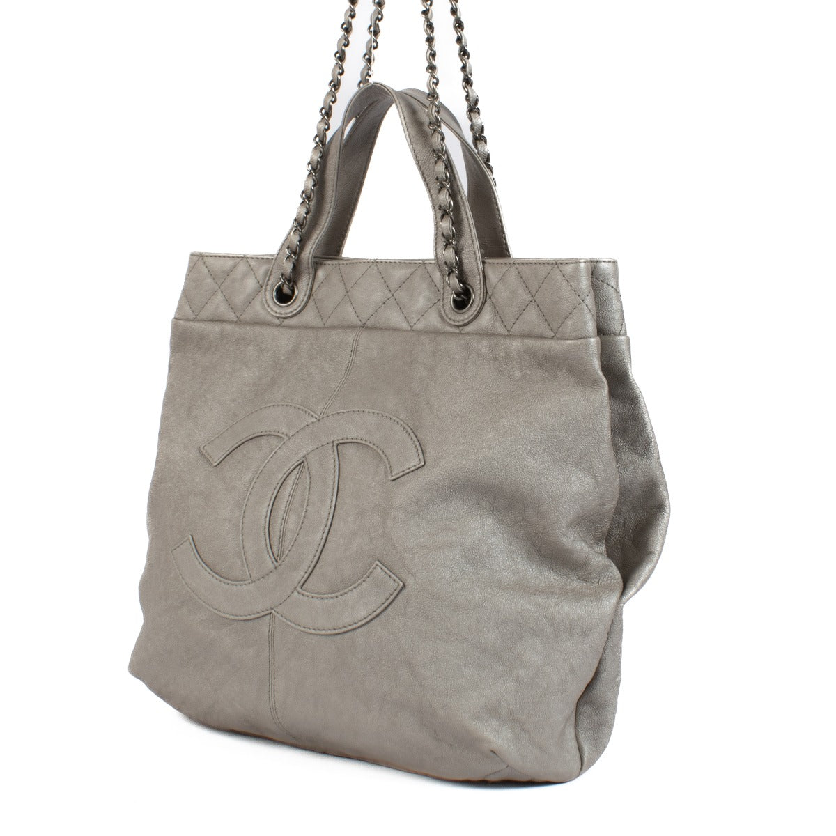 Shop 100% authentic Chanel Leather Silver Tote Top Handle Bag at Labellov.com.