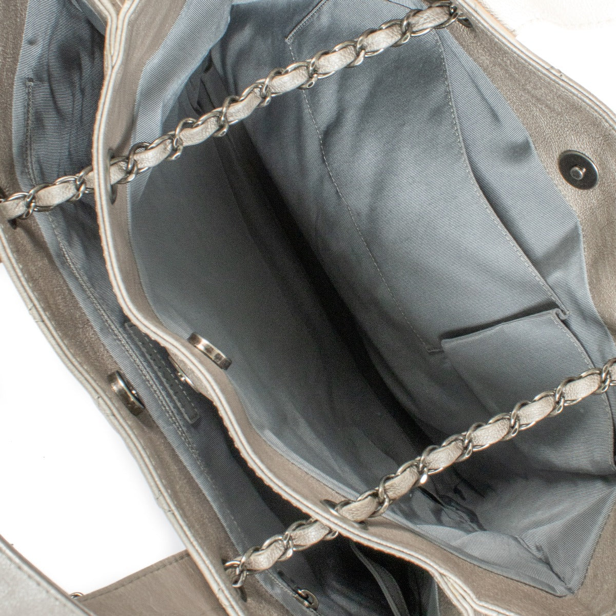 Shop 100% authentic Chanel Leather Silver Tote Top Handle Bag at Labellov.com.