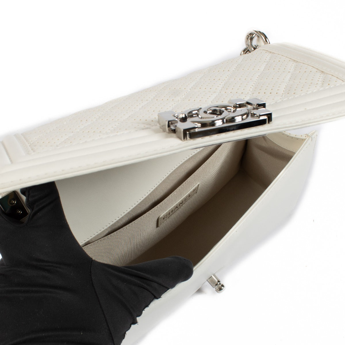 Shop 100% authentic secondhand Chanel White Perforated Medium Boy Crossbody Bag on Labellov.com