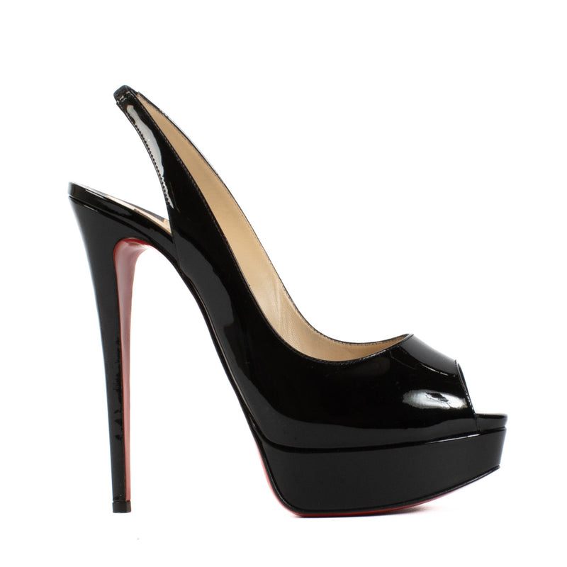 Christian Louboutin Black Patent Calf Lady Peep Sling 150 Platform Slingback Pumps - Size 39
