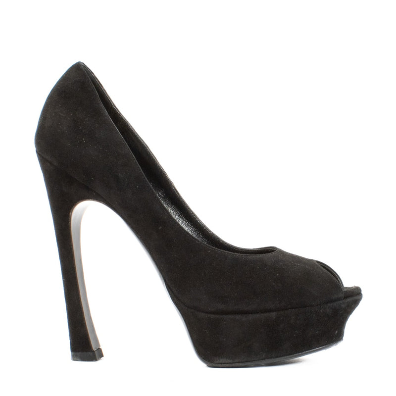 Shop safe online at Labellov in Antwerp, Brussels and Knokke this 100% authentic second hand Saint Laurent Black Suede Open Toe Platform Heels - Size 38,5