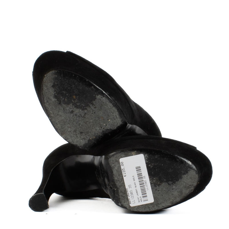 Shop safe online at Labellov in Antwerp, Brussels and Knokke this 100% authentic second hand Saint Laurent Black Suede Open Toe Platform Heels - Size 38,5