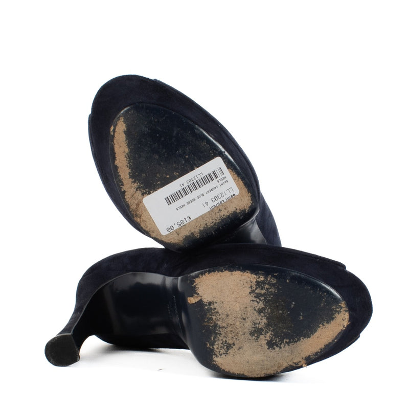 Shop safe online at Labellov in Antwerp, Brussels and Knokke this 100% authentic second hand Saint Laurent Blue Suede Open Toe Platform Heels - Size 38,5