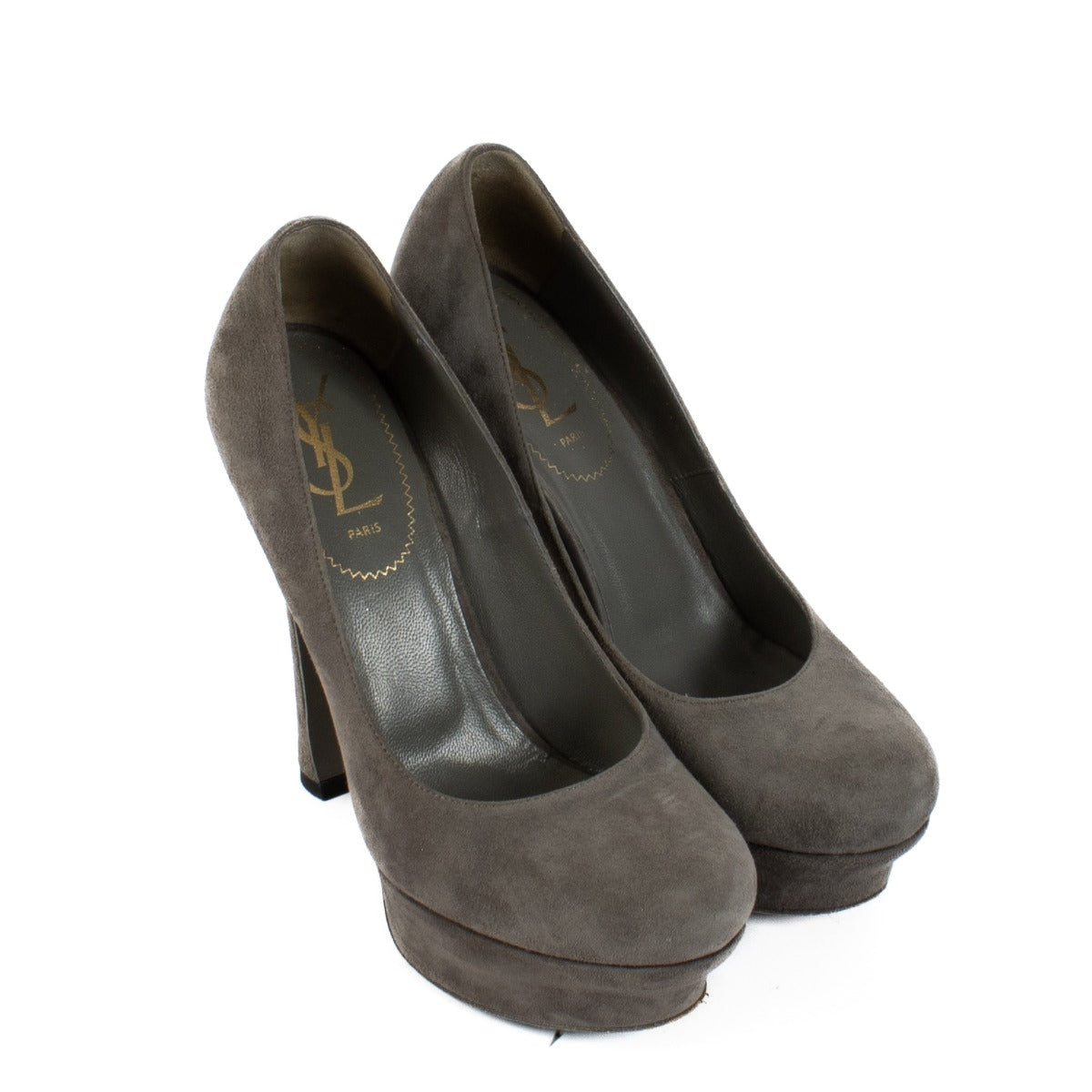 Shop safe online at Labellov in Antwerp, Brussels and Knokke this 100% authentic second hand Saint Laurent Grey Suede Palais Platform Heels - Size 38,5
