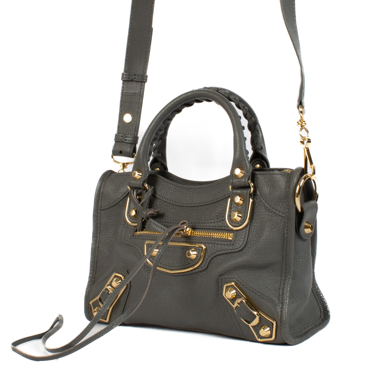 Sac Balenciaga Mini City en cuir gris à bords métallisés