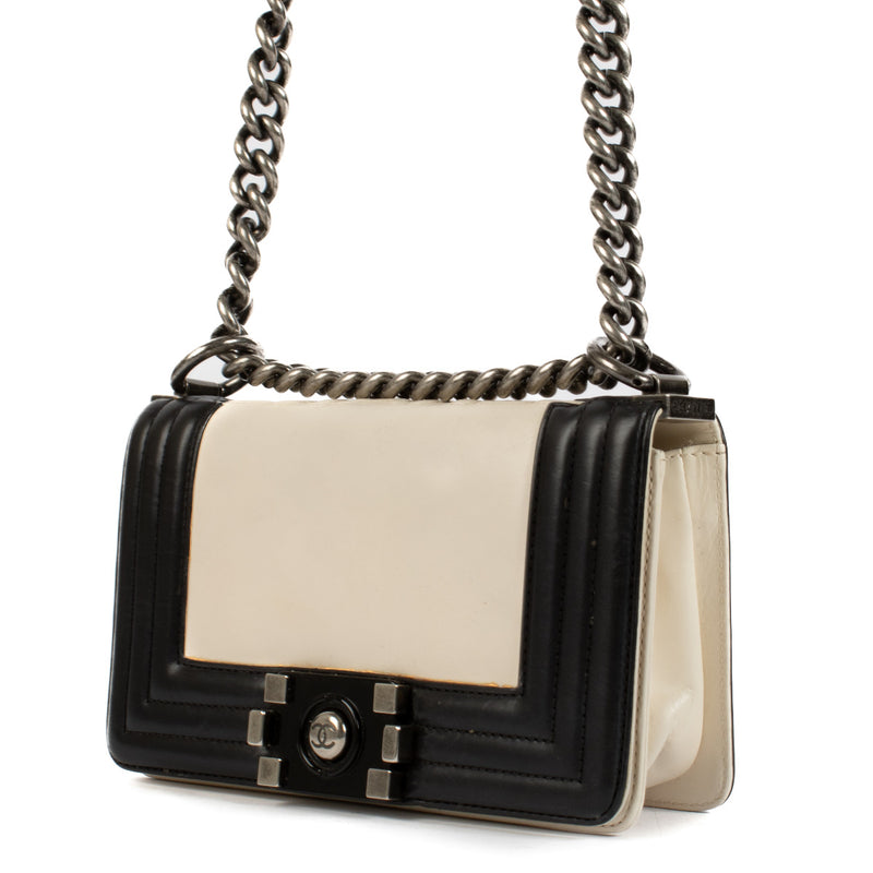 Chanel Black & Cream Calfskin Leather Small Boy Bag