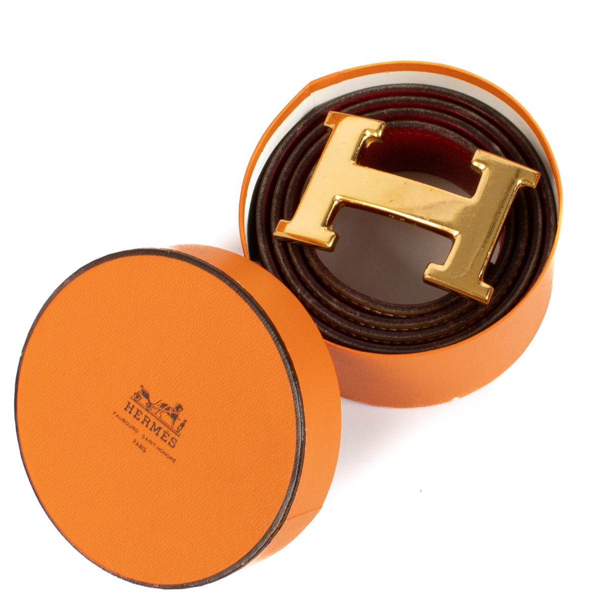 Hermès Cognac and Red Constance H Gold Belt - size 75