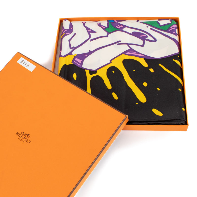 Hermès Silk Graffiti Noir Blanc Jaune Vif Scarf 90