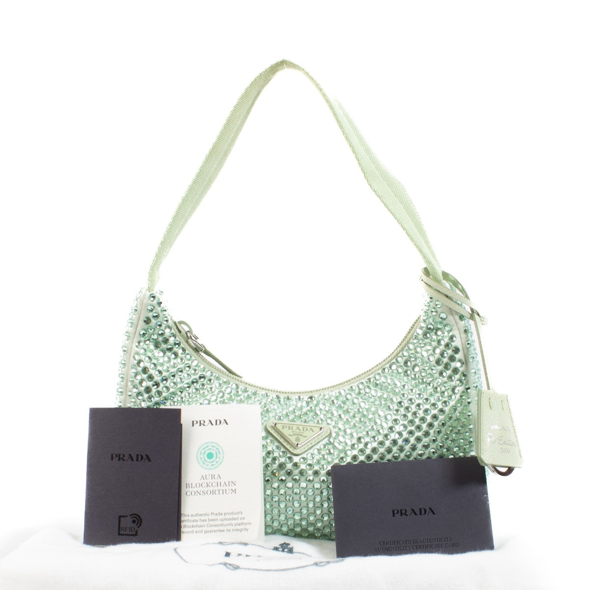 shop 100% authentic second hand Prada Green Crystal Satin Re-Edition 2000 Bag on Labellov.com