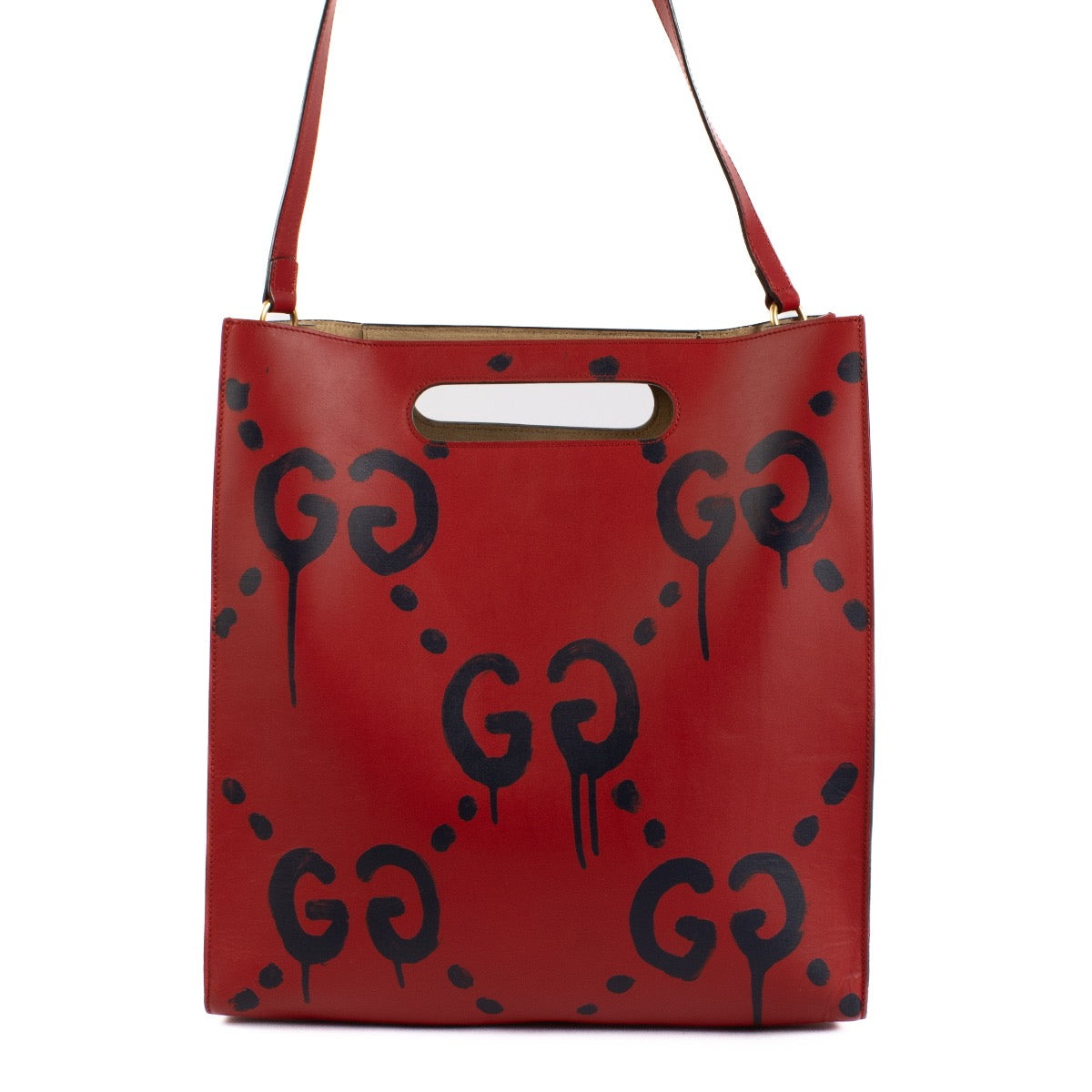 Shop safe online at Labellov in Antwerp and Knokke this 100% authentic second hand Gucci Red and Black Leather Graffiti Ghost Tote Crossbody Bag