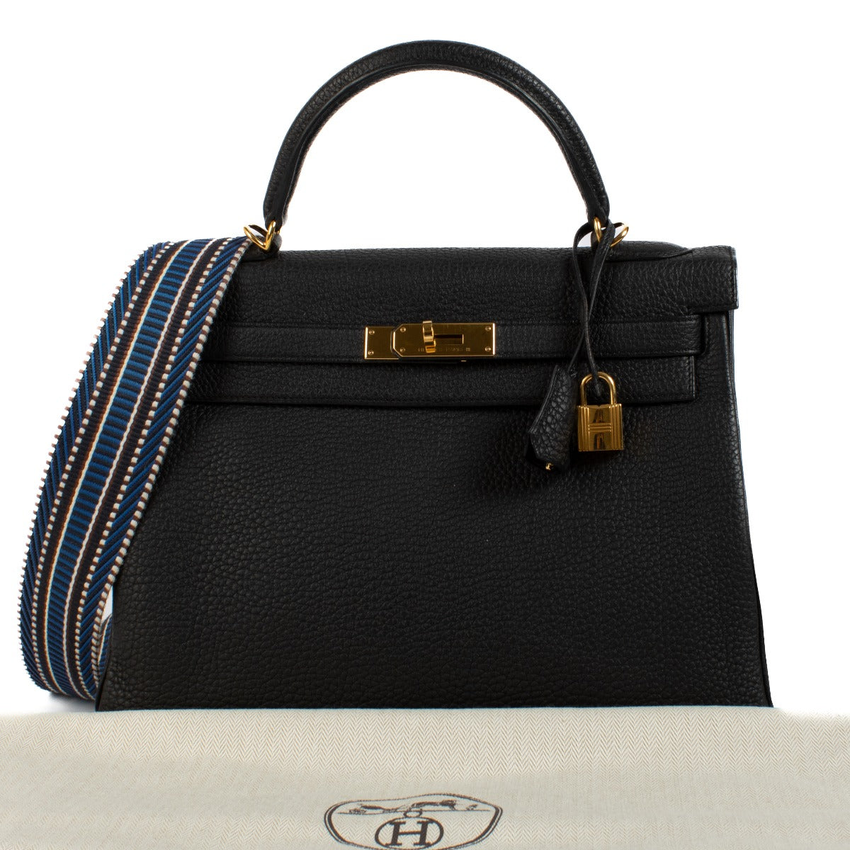 Authentic second hand Hermès Kelly 32 Bleu Indigo Taurillon Clemence GHW on www.labellov.com