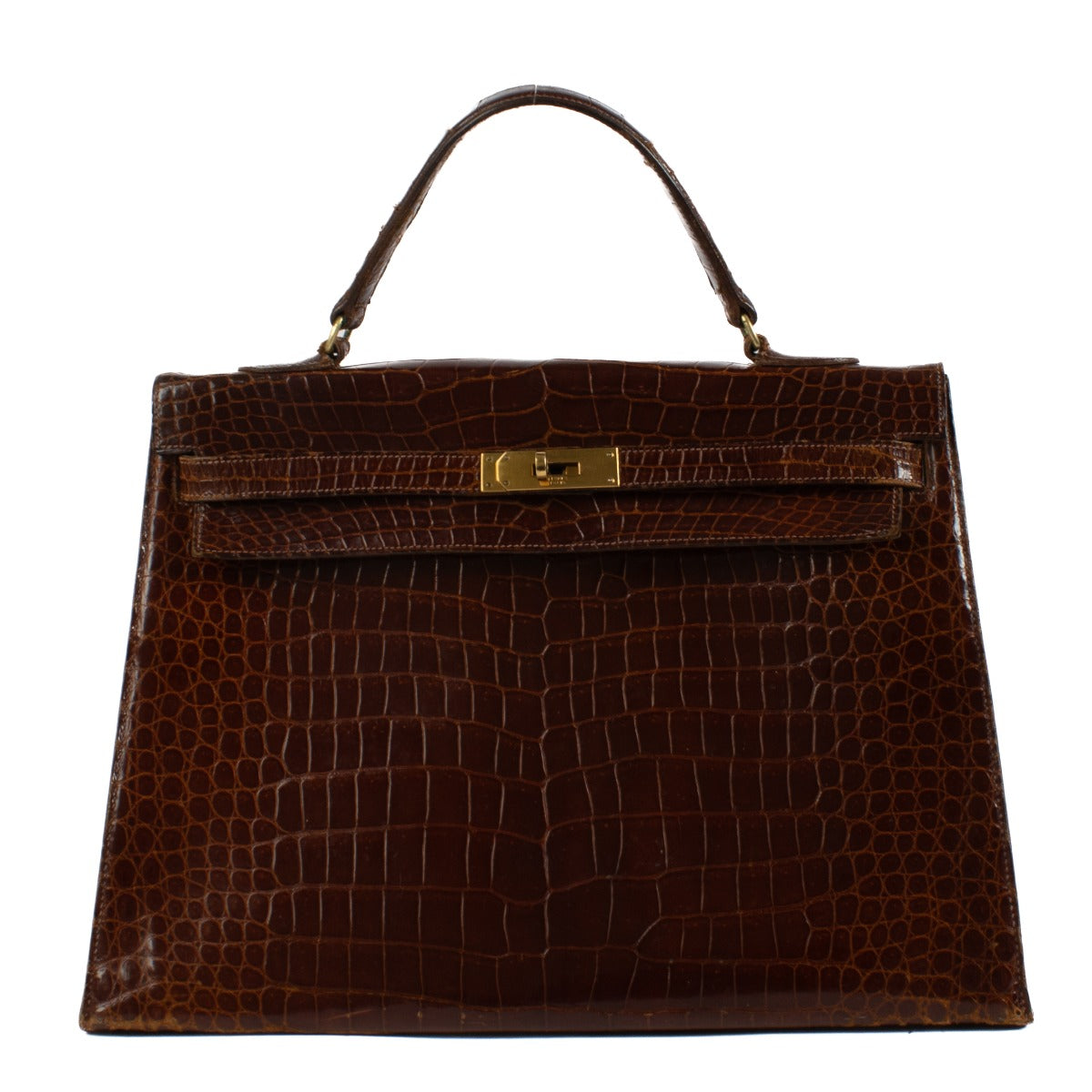 Hermès 1930s Kelly 35 Brown Shiny Porosus Crocodile